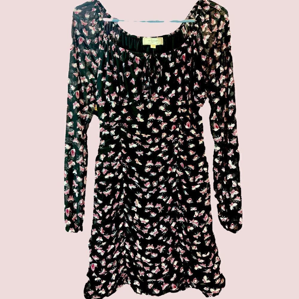 NWT No Comment Ruched Black and Pink Butterfly Long Sleeve Dress